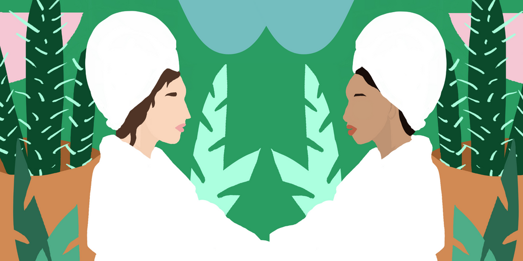 Ameline Ava self-care illustration with two women facing eachother, wearing white robe and white hair towel; green, pink and blue background, green cactus. Links to about us brand page.