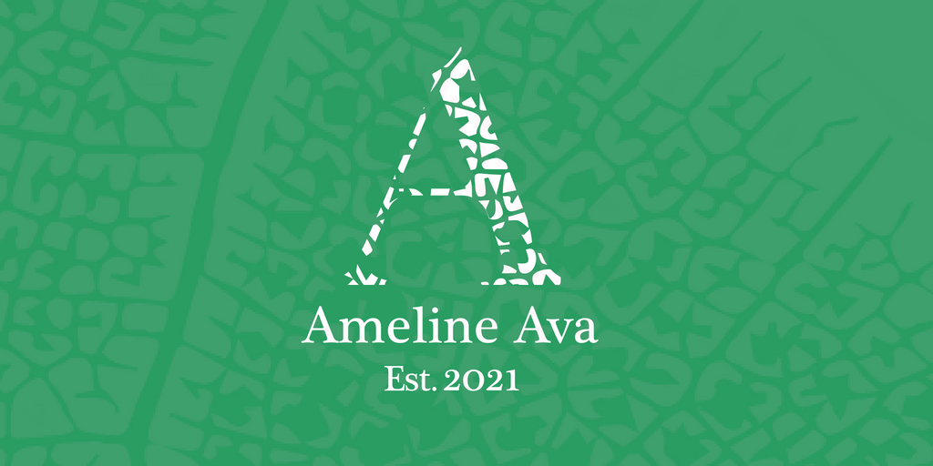 Ameline Ava logo, on green patterned background
