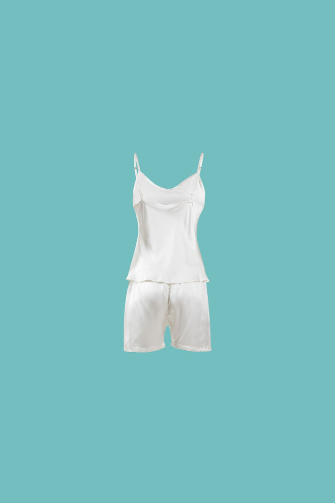 Ameline Ava Pearly White lustrious 100% Mulberry Silk Camisole Short Pajama Set, against blue background