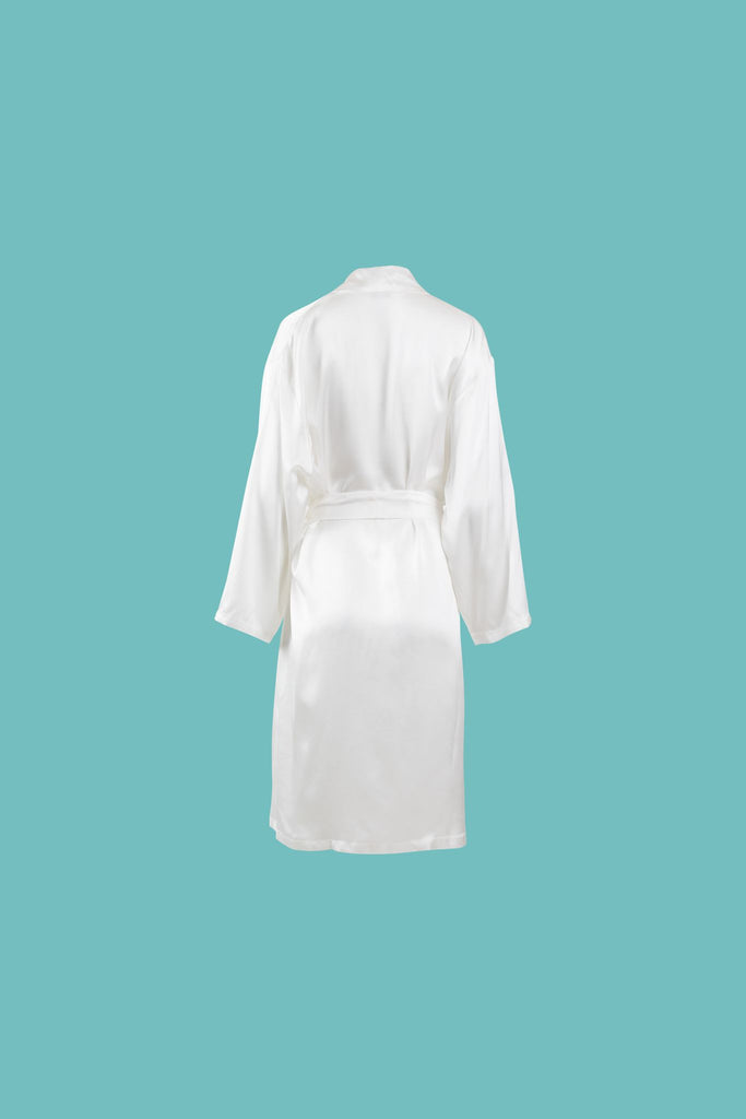 Ameline Ava Pearly White lustrious 100% Mulberry Silk Mid Length Robe, against blue background
